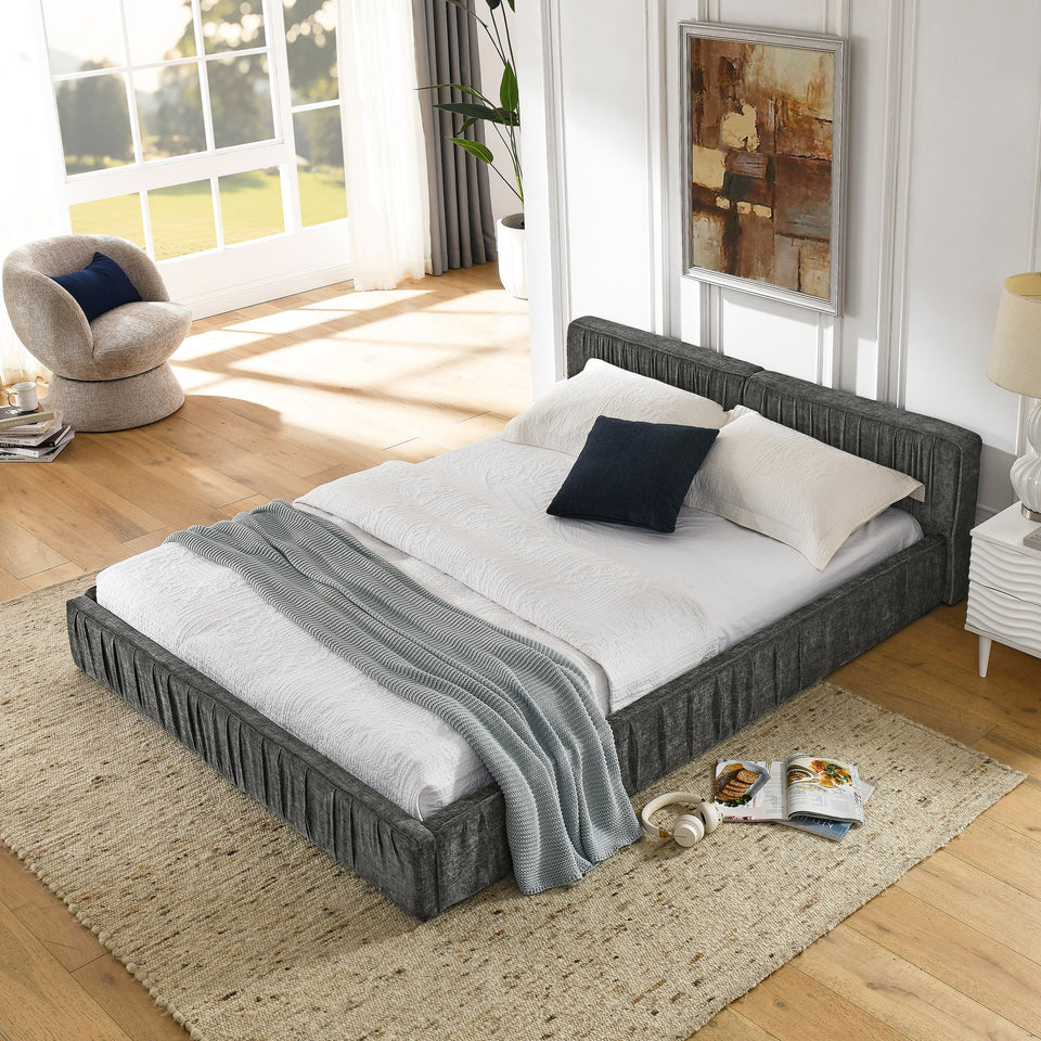 Modern Queen Size Upholstered Bed Frame with Chenille Fabric and