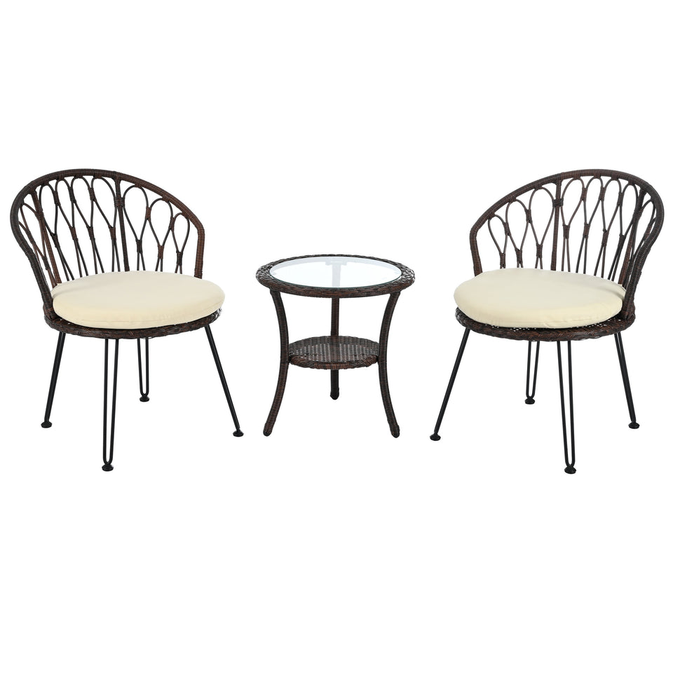 Outdoor Leisure Set, 2 Rattan Single Chairs with A Glass Round Table,