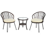 Outdoor Leisure Set, 2 Rattan Single Chairs with A Glass Round Table,