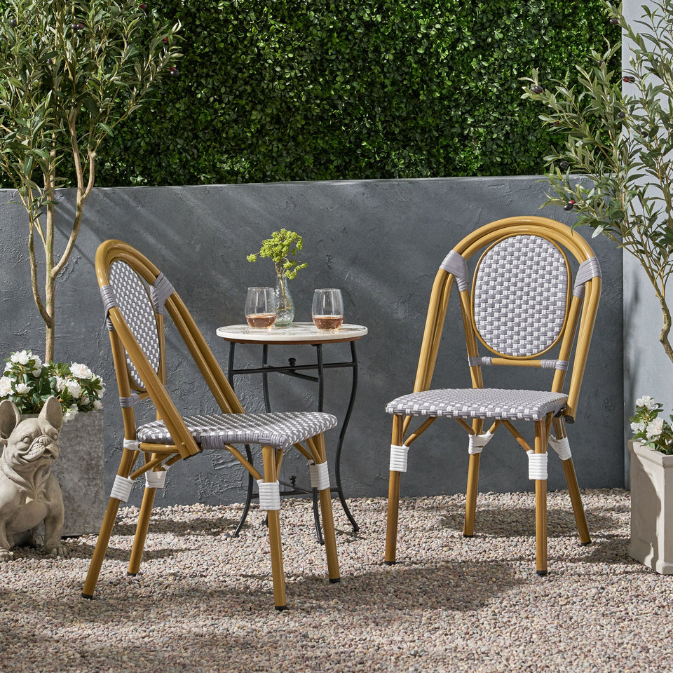 French Bistro Chair Set Outdoor Cafe Style White & Gray Rattan 18.50 x