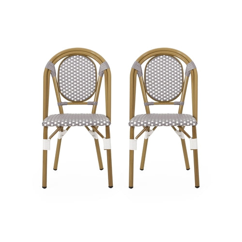 French Bistro Chair Set Outdoor Cafe Style White & Gray Rattan 18.50 x